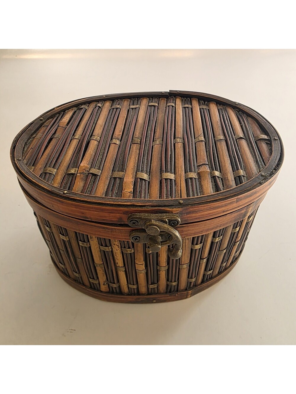 Bamboo/Rattan Oval Storage Box  Clasp Closure VTG